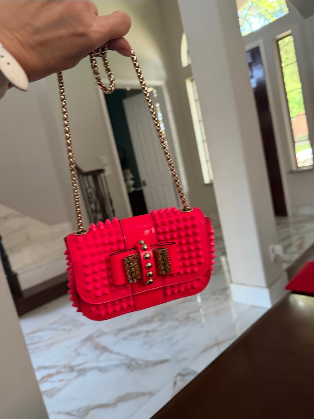 Christian Louboutin Hot Pink Spiked Crossbody with Gold Chain